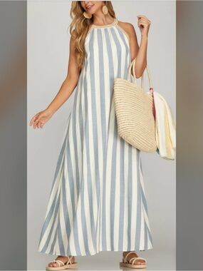 She + Sky Marina Maxi Dress A-line Halter Small Pockets Striped Lined NWT